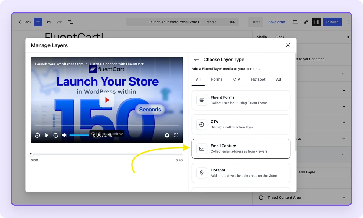 FluentPlayer email capture layer.