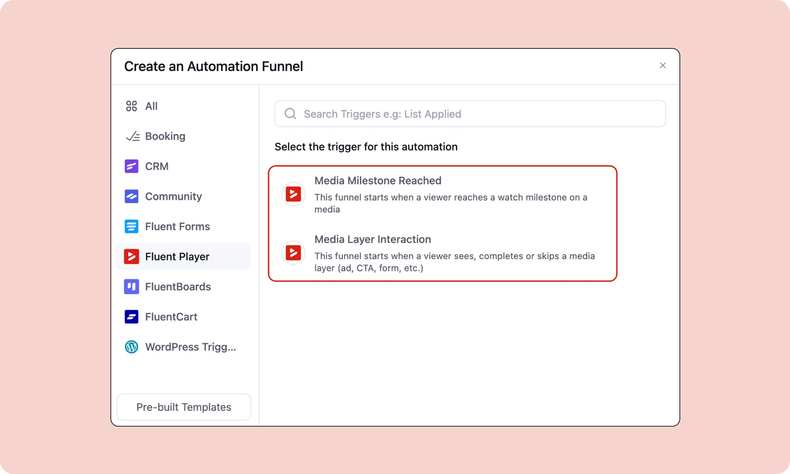 FluentCRM trigger picker with Media Milestone Reached and Media Layer Interaction under Fluent Player