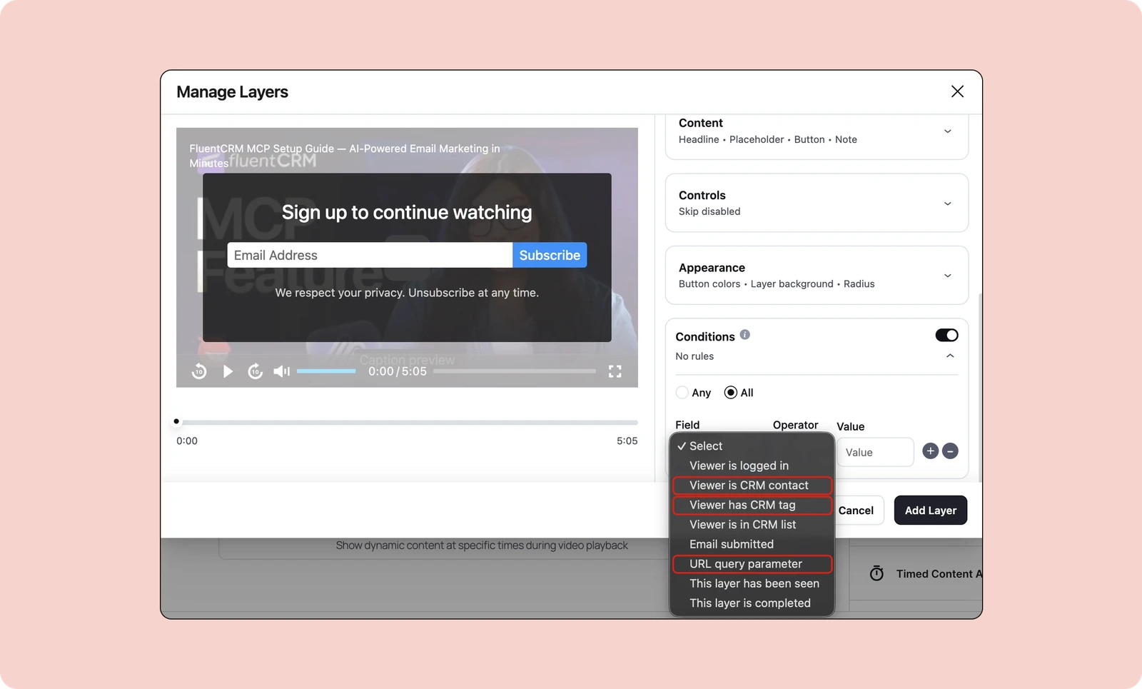 FluentPlayer layer conditions menu showing Viewer is CRM contact, Viewer has CRM tag and URL query parameter