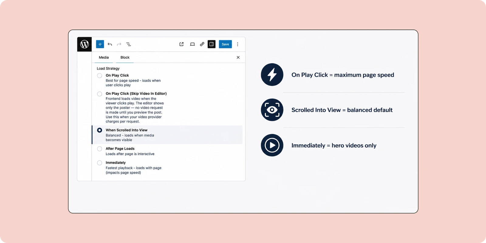 FluentPlayer Load Strategy options with On Play Click, When Scrolled Into View and Immediately explained